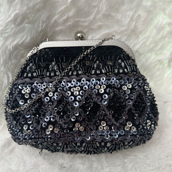 Valerie Stevens Black Beaded‎ Sequinned Clasp Formal Evening Clutch Mini Bag - Picture 1 of 11
